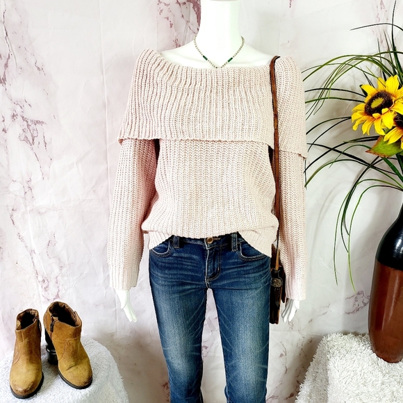 Elodie Sweaters - New Elodie Off-Shoulder Cream And Pink Sweater